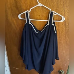 Navy blue dress shirt, with rhinestones to accent for a elegant evening.